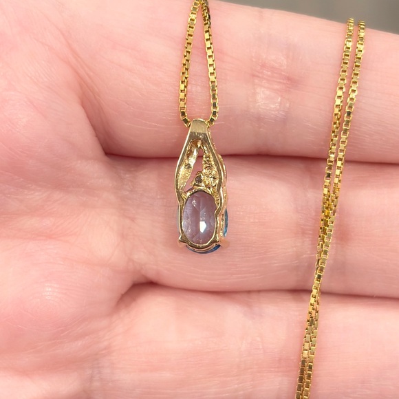10K Blue Topaz Diamond Pendant: Dainty Small Gold Oval Solitaire Filigree Piece - Picture 8 of 11